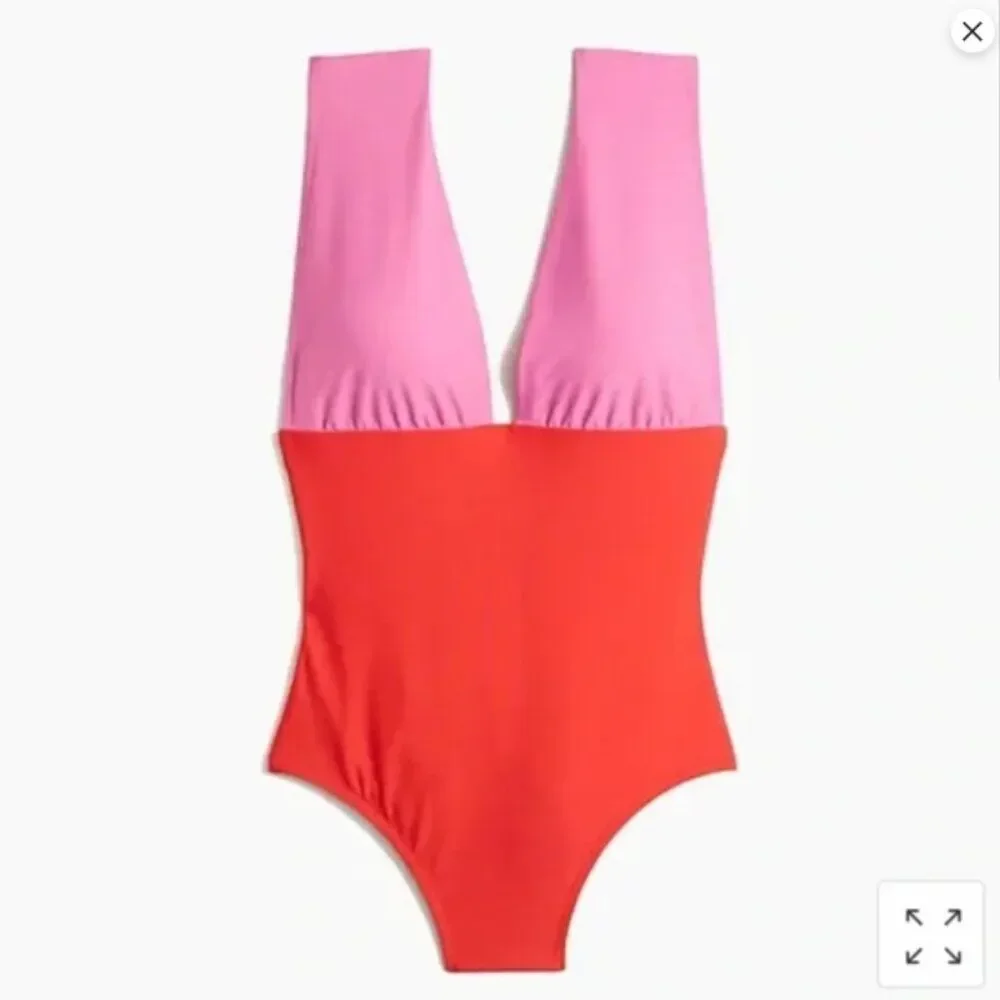 J. Crew Plunge V-Neck One-Piece Swimsuit Orange & Pink, Size M, Good Condition